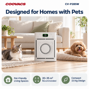 COOVACS CV-P285W Air Purifier for Pet Homes COOVACS CV-P285W smart pet air purifier in a living room with a cat and dog, recommended for rooms of 20–35 square metres