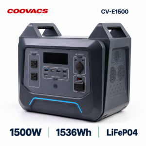 COOVACS CV-E1500 1500W Portable Power Station COOVACS CV-E1500 1500W portable power station with 1536Wh LiFePO4 battery, front and right side view
