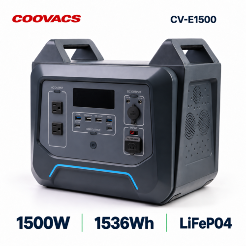 COOVACS CV-E1500 1500W Portable Power Station COOVACS CV-E1500 1500W portable power station with 1536Wh LiFePO4 battery, front and right side view