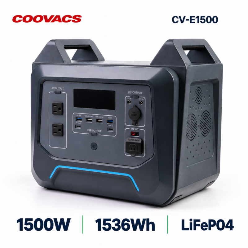 COOVACS CV-E1500 1500W Portable Power Station COOVACS CV-E1500 1500W portable power station with 1536Wh LiFePO4 battery, front and right side view