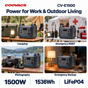 COOVACS CV-E1500 Portable Power Station Applications COOVACS CV-E1500 1500W LiFePO4 portable power station for camping, emergency relief, photography and emergency backup