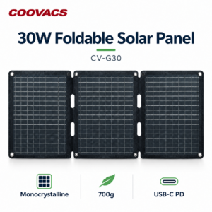 COOVACS CV-G30 30W Foldable Solar Panel COOVACS CV-G30 30W foldable solar panel unfolded with three panels