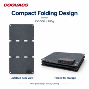 COOVACS CV-G30 Solar Panel Folding Design COOVACS CV-G30 solar panel showing unfolded rear view and folded configuration
