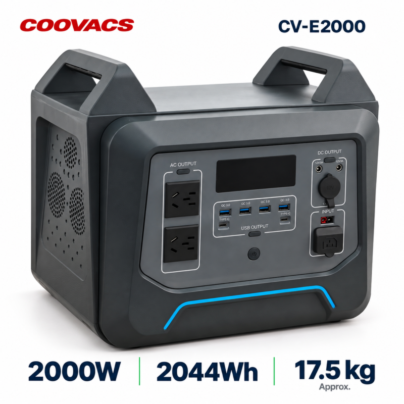 COOVACS CV-E2000 2000W Portable Power Station COOVACS CV-E2000 2000W portable power station with 2044Wh semi-solid-state battery, front and left side view