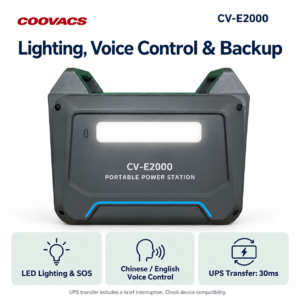 COOVACS CV-E2000 LED Lighting, Voice Control and UPS Rear view of COOVACS CV-E2000 with LED lighting and SOS mode, Chinese and English voice control, and UPS function with a specified 30ms transfer time