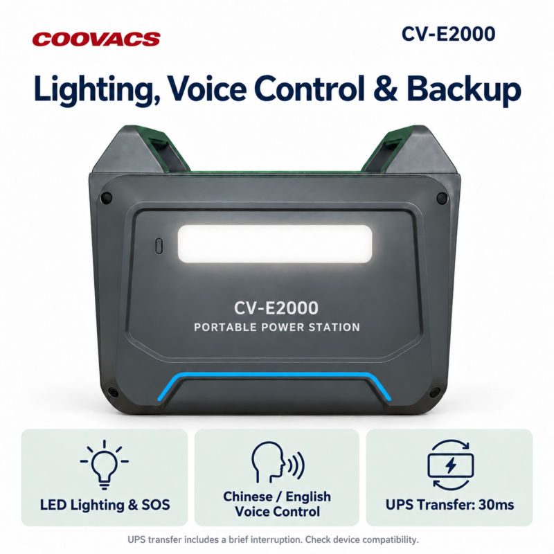 COOVACS CV-E2000 LED Lighting, Voice Control and UPS Rear view of COOVACS CV-E2000 with LED lighting and SOS mode, Chinese and English voice control, and UPS function with a specified 30ms transfer time