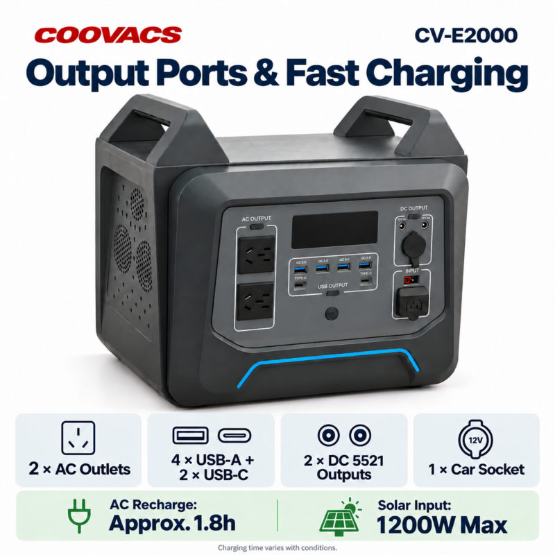 COOVACS CV-E2000 Output Ports and Fast Charging COOVACS CV-E2000 with 2 AC outlets, 4 USB-A ports, 2 USB-C ports, 2 DC outputs and 1 car socket, supporting approximately 1.8-hour AC charging and up to 1200W solar input