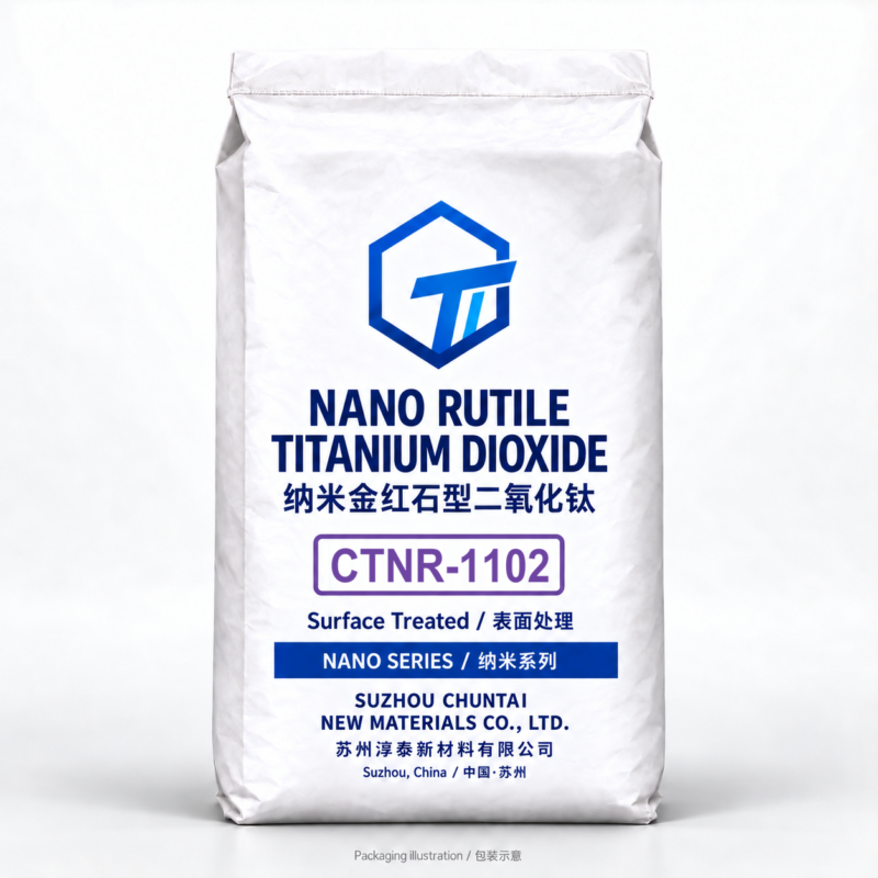 Chuntai CTNR-1102 Nano Rutile Titanium Dioxide Chuntai CTNR-1102 surface-treated nano rutile titanium dioxide packaging with a purple grade label